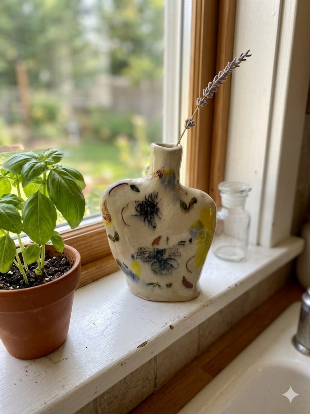 Signed Vintage Studio Pottery Bumblebee Flat Vase Weed Pot in Creams and Blues